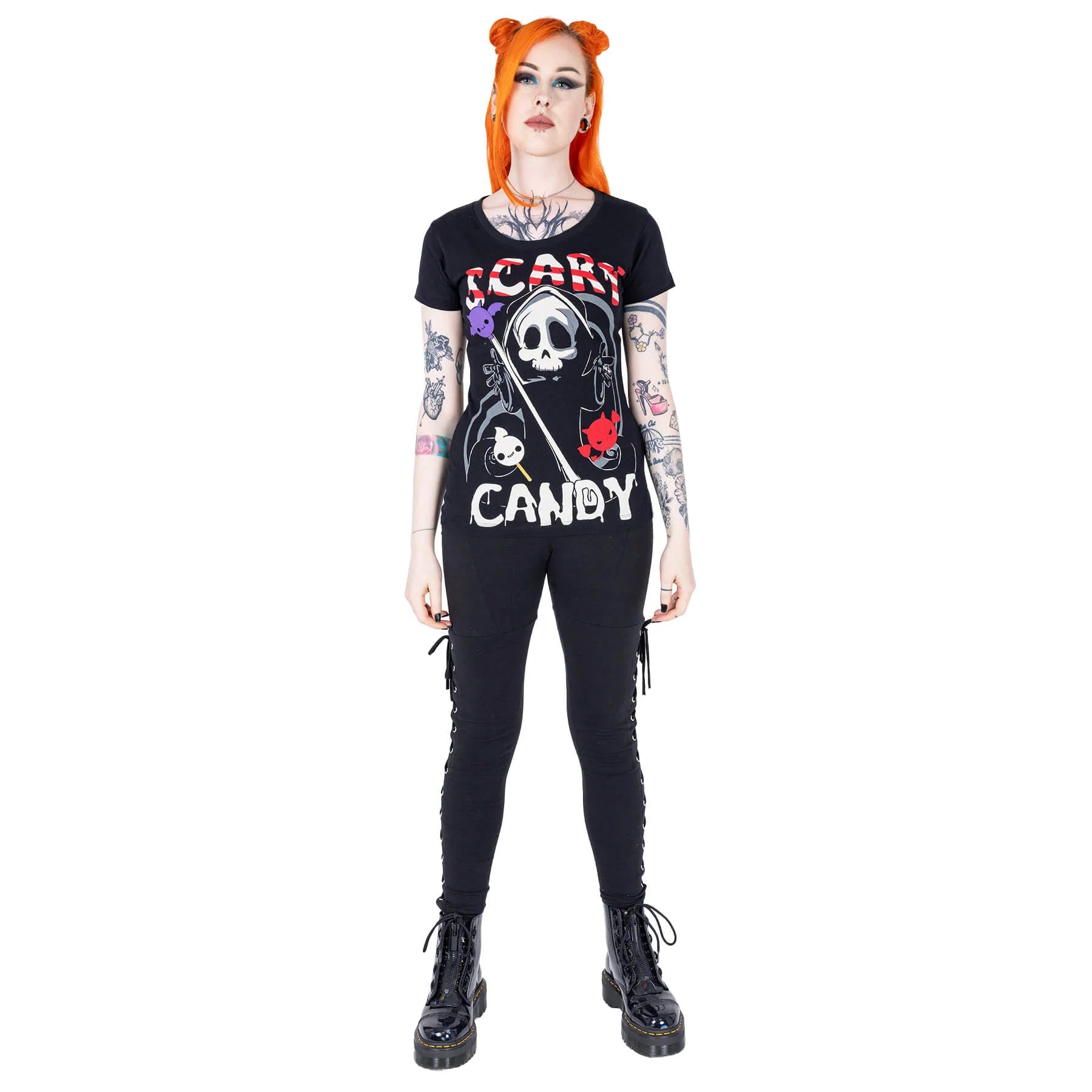 Schwarzes DEATH CANDY TSHIRT mit niedlichem Sensemann und bunten Fledermäusen von Cupcake Cult