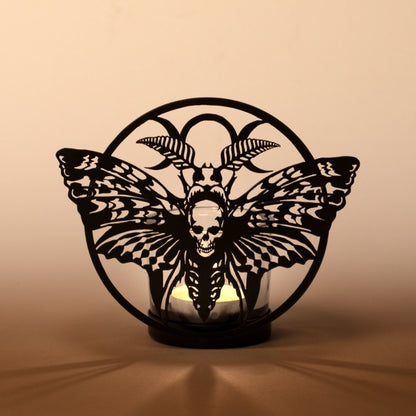 Eindrucksvoller Teelichthalter Death's Head Moth Tealight Holder aus schwarz beschichtetem Eisen und gehärtetem Glas von Alchemy