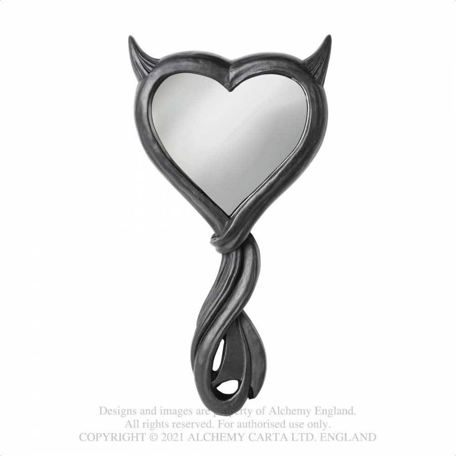 Zweiseitiger Handspiegel Devil's Heart Hand Mirror, einer davon ein Vergrößerungsspiegel, aus hochwertigem Kunstharz mit Handfinish in Antik-Silber-Optik von Alchemy England