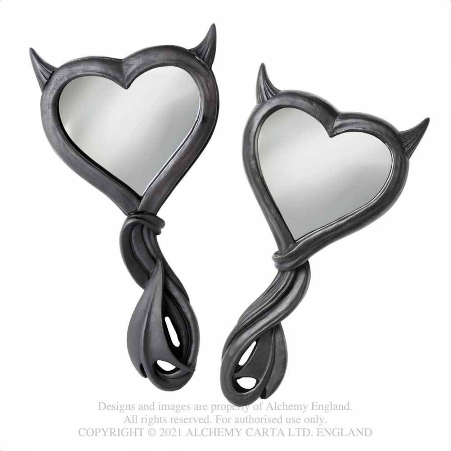 Zweiseitiger Handspiegel Devil's Heart Hand Mirror, einer davon ein Vergrößerungsspiegel, aus hochwertigem Kunstharz mit Handfinish in Antik-Silber-Optik von Alchemy England