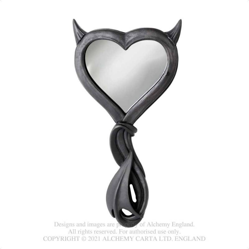 Zweiseitiger Handspiegel Devil's Heart Hand Mirror, einer davon ein Vergrößerungsspiegel, aus hochwertigem Kunstharz mit Handfinish in Antik-Silber-Optik von Alchemy England