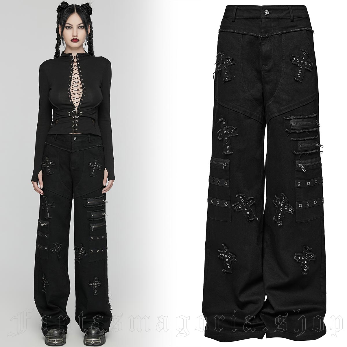 Don't Cross My Path Gothic Y2K Wide-Leg Trousers