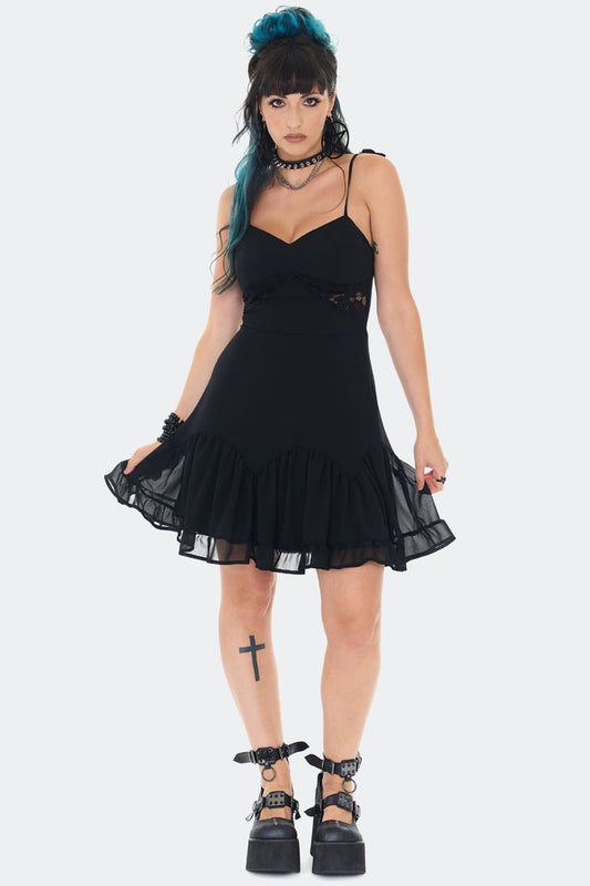 Schwarzes Kleid Chiffon Mini Dress mit Spitzenelementen von Jawbreaker