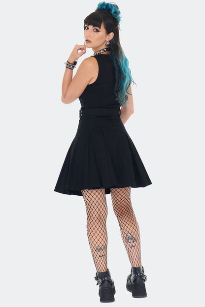 Schwarzes Kleid Belted Denim Mini Dress mit Reißverschluss an der Vorderseite und Gürtel von Jawbreaker