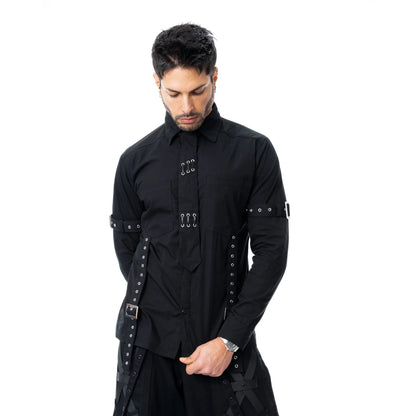 Schwarzes Hemd DRYSTAN SHIRT mit Zierbändern und Krawatte von Poizen Industries