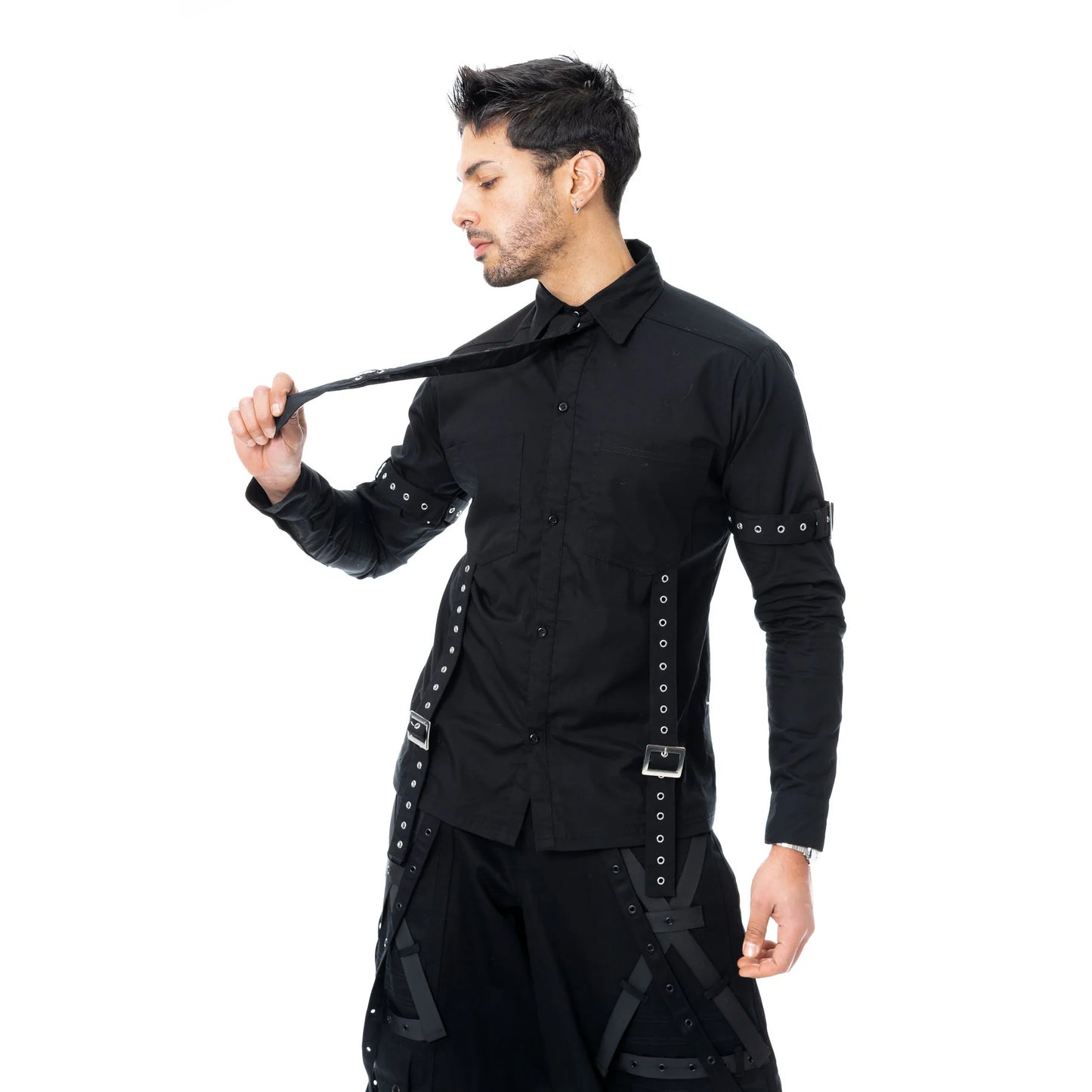 Schwarzes Hemd DRYSTAN SHIRT mit Zierbändern und Krawatte von Poizen Industries