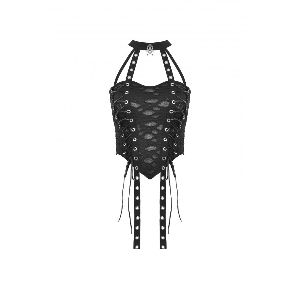 Schwarzes Oberteil Dark Punk torn hole lace-up Top von Dark In Love
