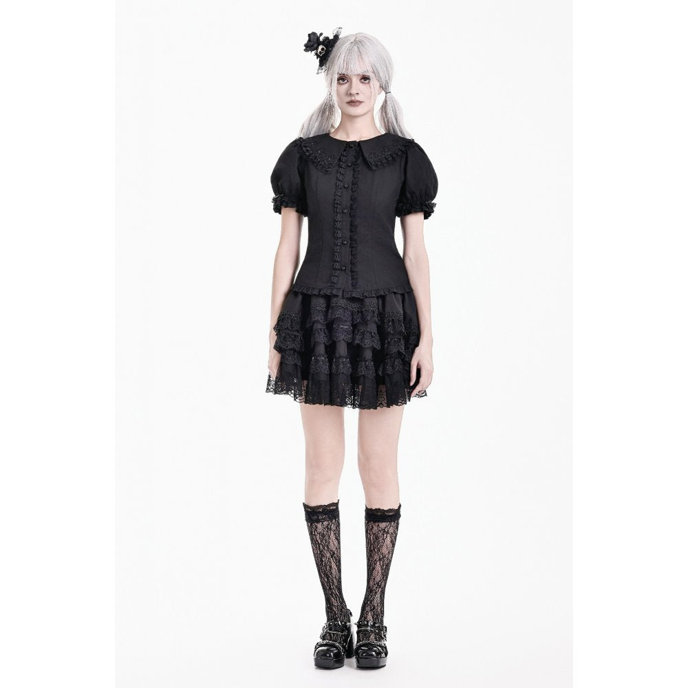Schwarze, kurzärmlige Bluse Night Crown Doll Blouse mit Spitzenelementen und Puffärmeln von Dark In Love