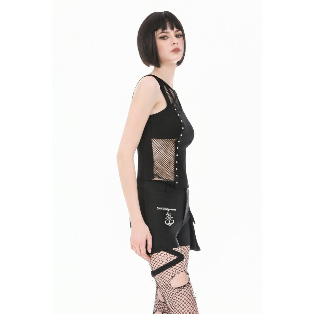 Schwarzes Oberteil Pentagram Mesh Punk Tank Top mit Pentagramm-Netzeinsatz und vertikalem Nietendekor-Band von Dark In Love