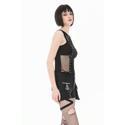 Schwarzes Oberteil Pentagram Mesh Punk Tank Top mit Pentagramm-Netzeinsatz und vertikalem Nietendekor-Band von Dark In Love