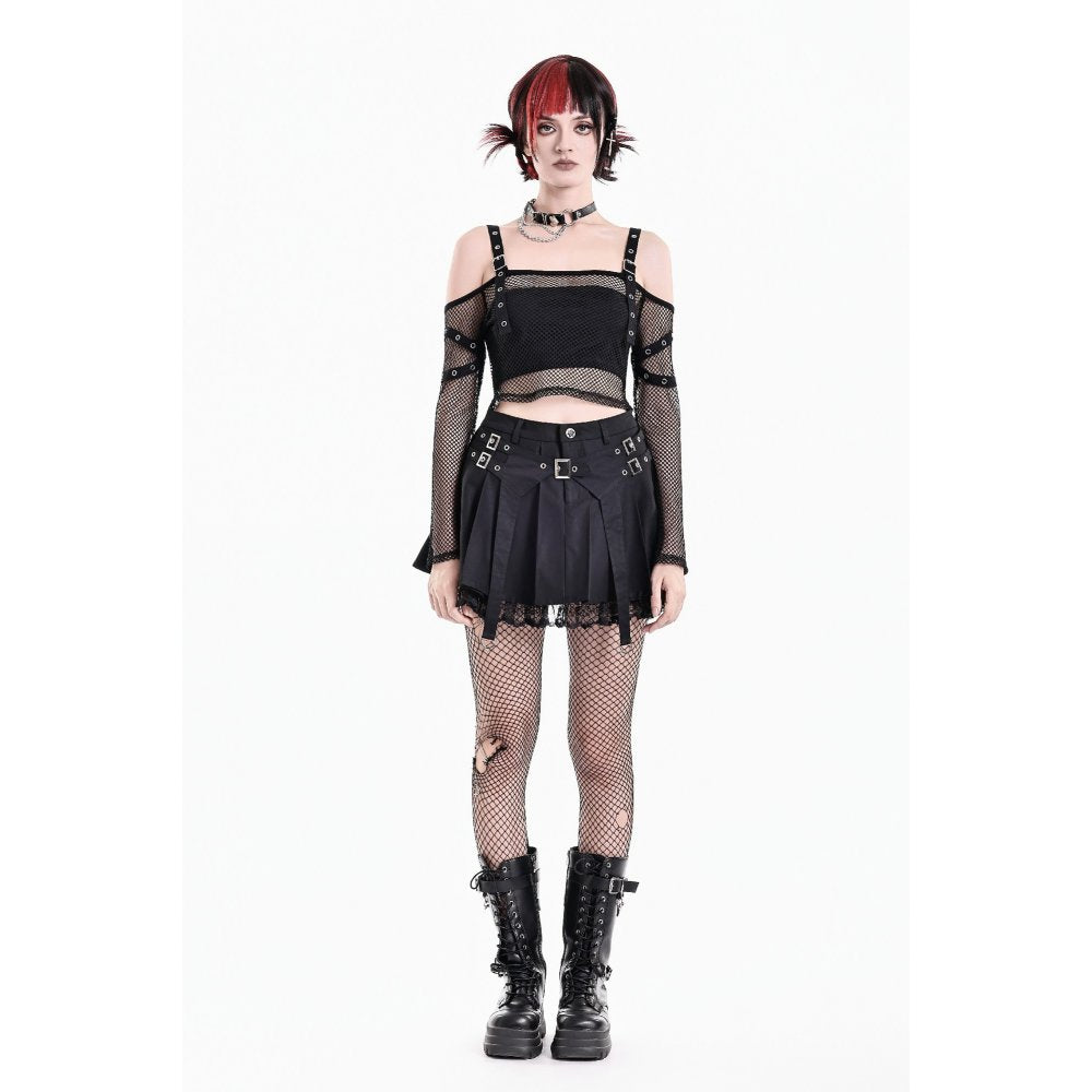 Schwarzer Mini-Rock Hardware Matrix Skirt mit Schnallendetail und Spitzensaum von Dark In Love