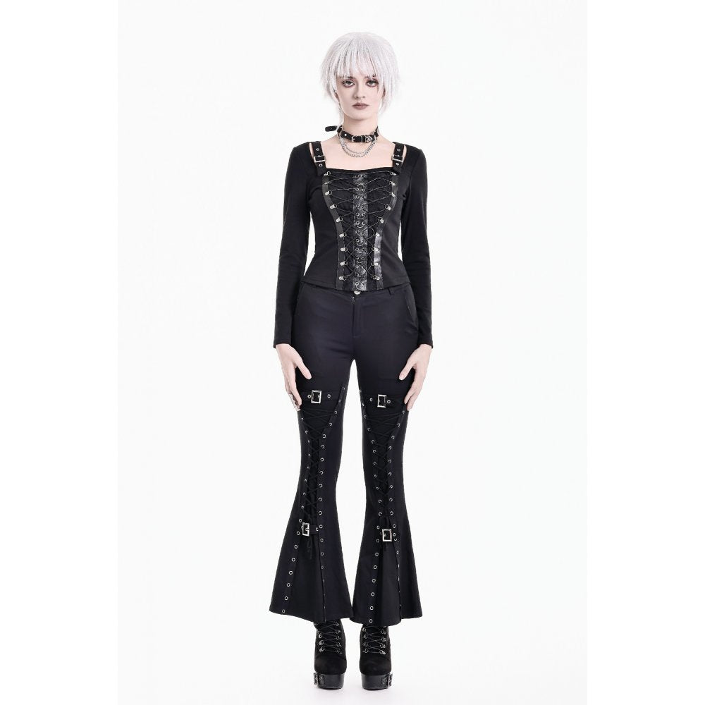Schwarzes, langärmliges Oberteil Steel-Bonded Tendril Top mit Schnürungen vorne und Kunstlederdetails von Dark In Love