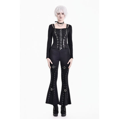 Schwarzes, langärmliges Oberteil Steel-Bonded Tendril Top mit Schnürungen vorne und Kunstlederdetails von Dark In Love