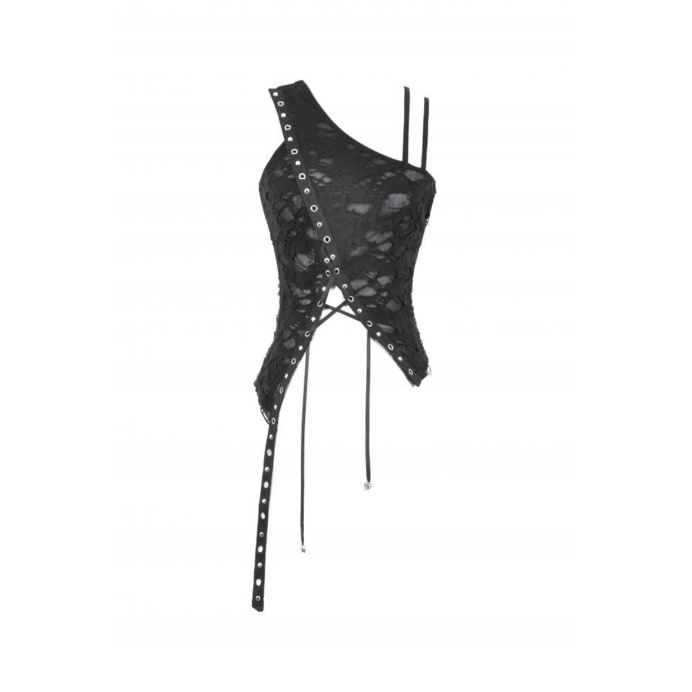 Schwarzes Oberteil Asymmetrical Ripped Punk Cut-Out Top mit Rissen, Trägern und Schnürung von Dark In Love