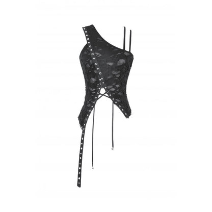 Schwarzes Oberteil Asymmetrical Ripped Punk Cut-Out Top mit Rissen, Trägern und Schnürung von Dark In Love