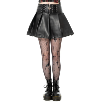 Schwarzer, kurzer Rock EBBANI SKIRT mit Zierschnürungen und Pentagramanhänger von Heartless