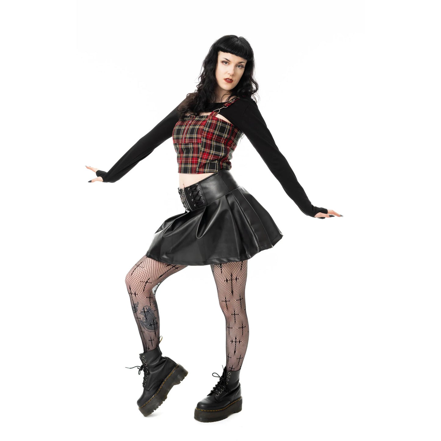 Schwarzer, kurzer Rock EBBANI SKIRT mit Zierschnürungen und Pentagramanhänger von Heartless