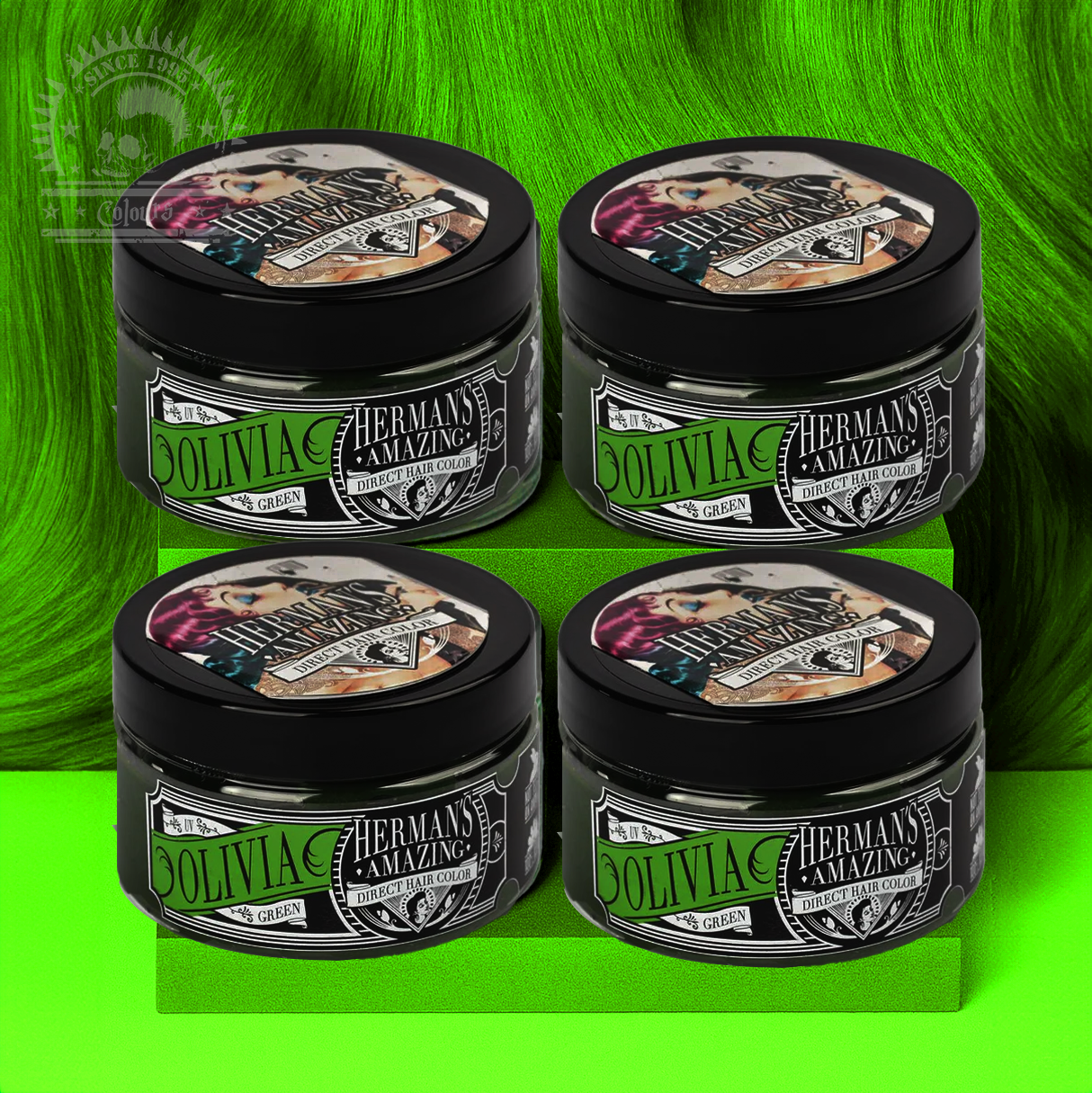 semi-permanente Haartönung 4er-Sparset&nbsp;UV OLIVIA GREEN in dem Farbton Neongrün von Herman's Amazing