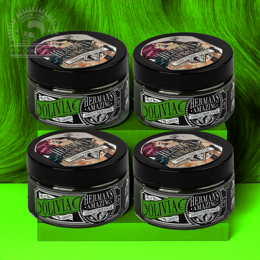 semi-permanente Haartönung 4er-Sparset&nbsp;UV OLIVIA GREEN in dem Farbton Neongrün von Herman's Amazing