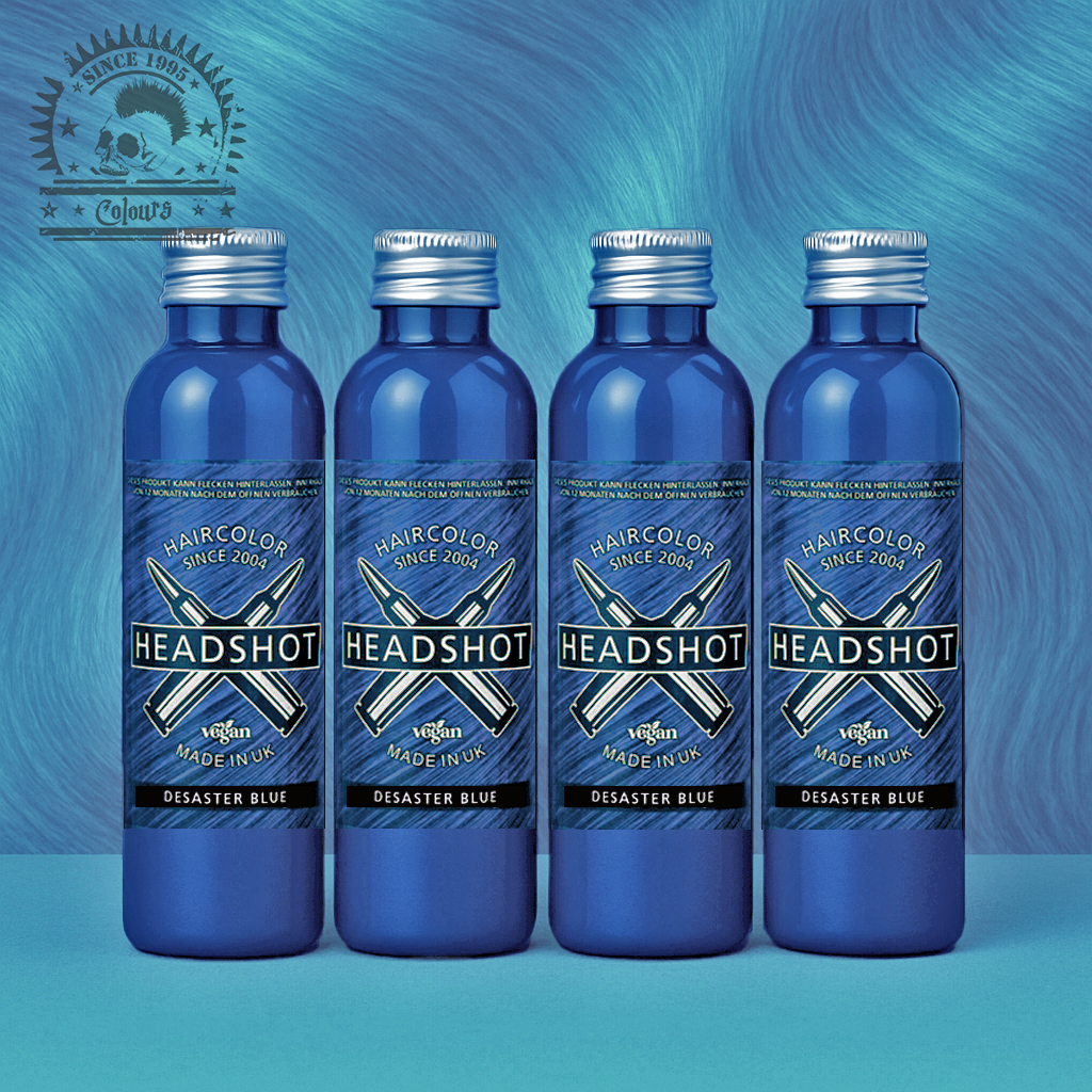 Vier semi-permanente Haartönungen 4er-Sparset DESASTER BLUE in dem Farbton Hellblau von Headshot