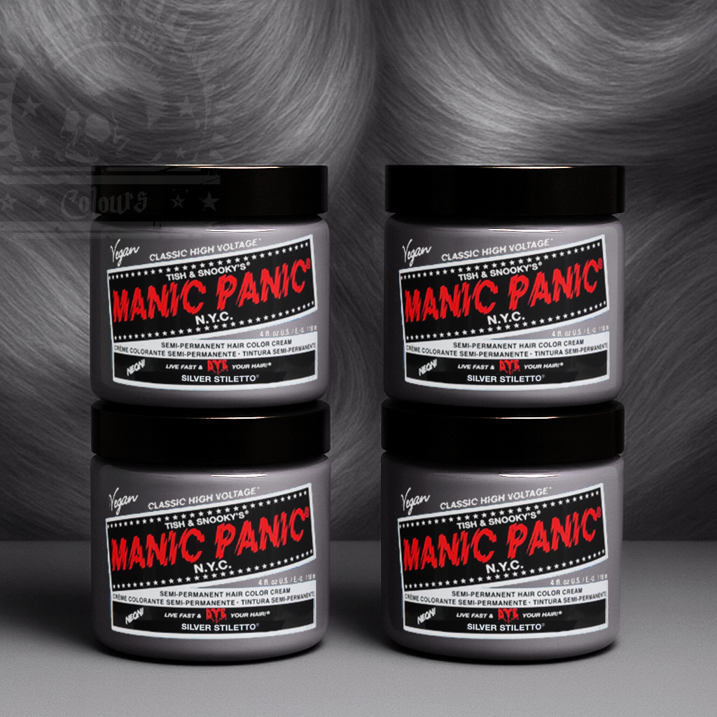 Vier semi-permanente Haartönungen 4er-Sparset SILVER STILETTO in dem Farbton Weiß-Silber von Manic Panic
