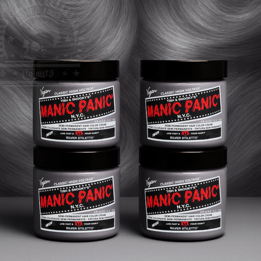 Vier semi-permanente Haartönungen 4er-Sparset SILVER STILETTO in dem Farbton Weiß-Silber von Manic Panic