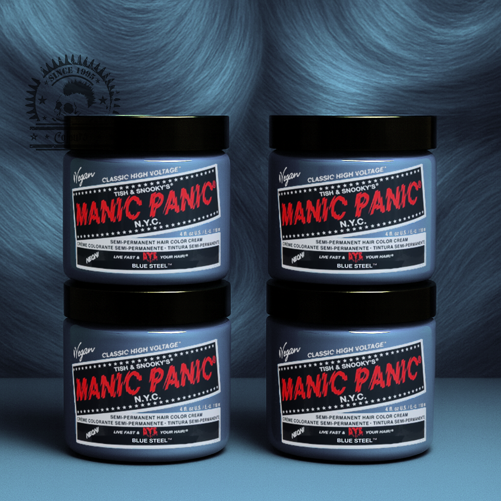 Vier semi-permanente Haartönungen 4er-Sparset BLUE STEEL in dem Farbton Graublau von Manic Panic