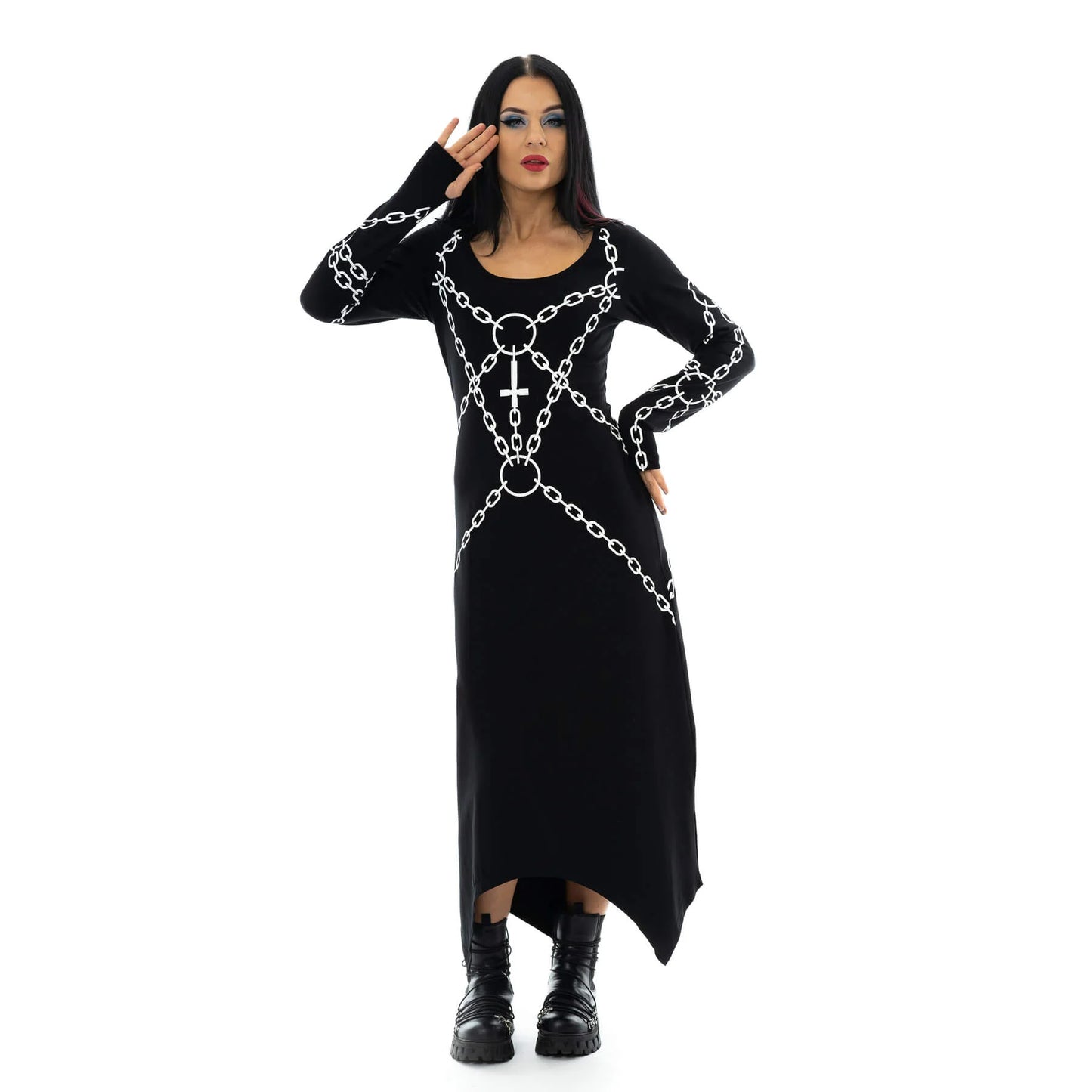 Schwarzes langes Kleid ENCHAINED DRESS mit Kettenprint von Heartless