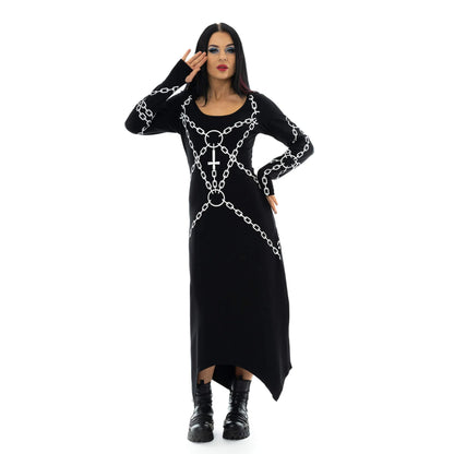 Schwarzes langes Kleid ENCHAINED DRESS mit Kettenprint von Heartless