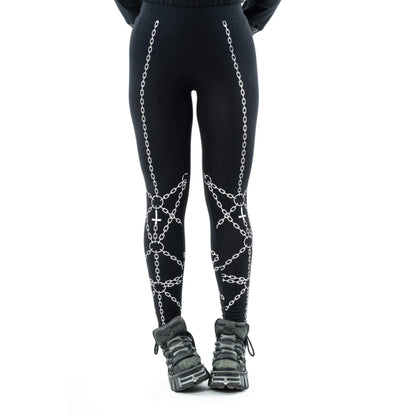 Schwarze ENCHAINED LEGGINGS mit weißem, symmetrischem Kettenprint auf beiden Beinen von Heartless