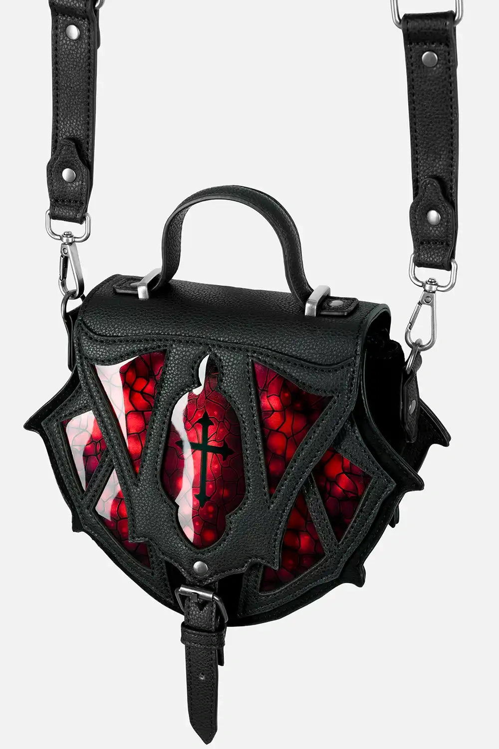 Schwarz-rote Umhängetasche BLOODSPIRE BAG mit architektonischer Formgebung von Restyle (Colours)