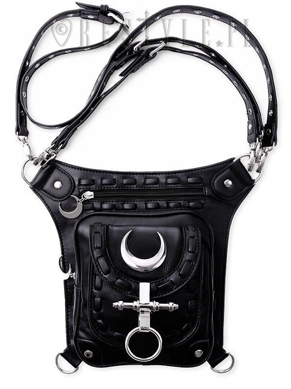 Schwarzes Harness LUNAR HOLSTER BAG aus veganem Leder mit vielen Taschen und mondförmigen Metalldetails von Restyle