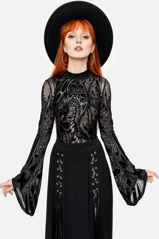 Schwarzer Body CASTLE GUARDIAN BODYSUIT aus Meshstoff mit Drachendesign von Restyle