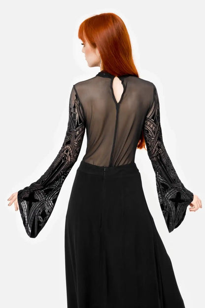 Schwarzer Body CASTLE GUARDIAN BODYSUIT aus Meshstoff mit Drachendesign von Restyle