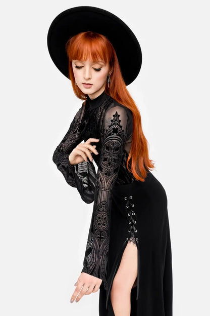 Schwarzer Body CASTLE GUARDIAN BODYSUIT aus Meshstoff mit Drachendesign von Restyle