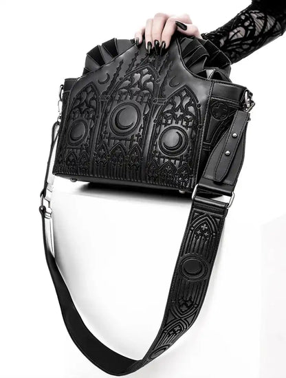 Schwarze Tasche Dark Altar Shoulder Bag mit Kathedralendesign von Restyle