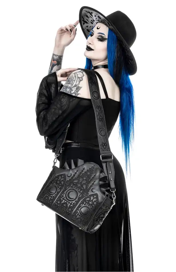 Schwarze Tasche Dark Altar Shoulder Bag mit Kathedralendesign von Restyle