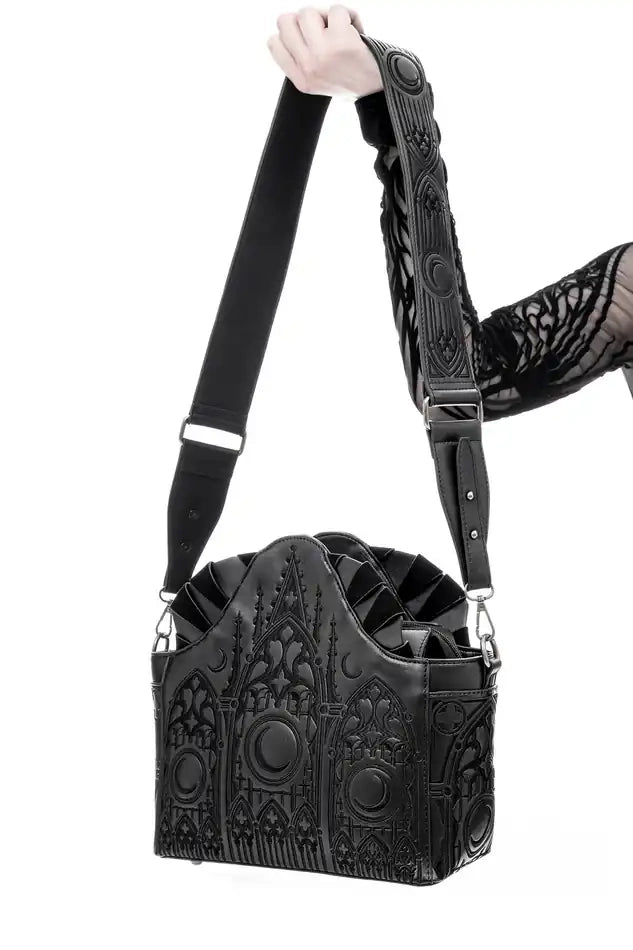 Schwarze Tasche Dark Altar Shoulder Bag mit Kathedralendesign von Restyle