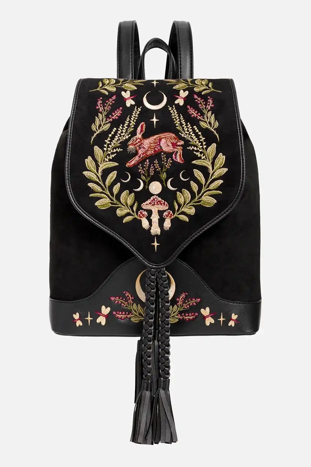 Schwarzer Rucksack HARE MOON BACKPACK mit Hasen und Pilzstickerei von Restyle