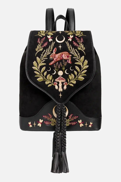 Schwarzer Rucksack HARE MOON BACKPACK mit Hasen und Pilzstickerei von Restyle