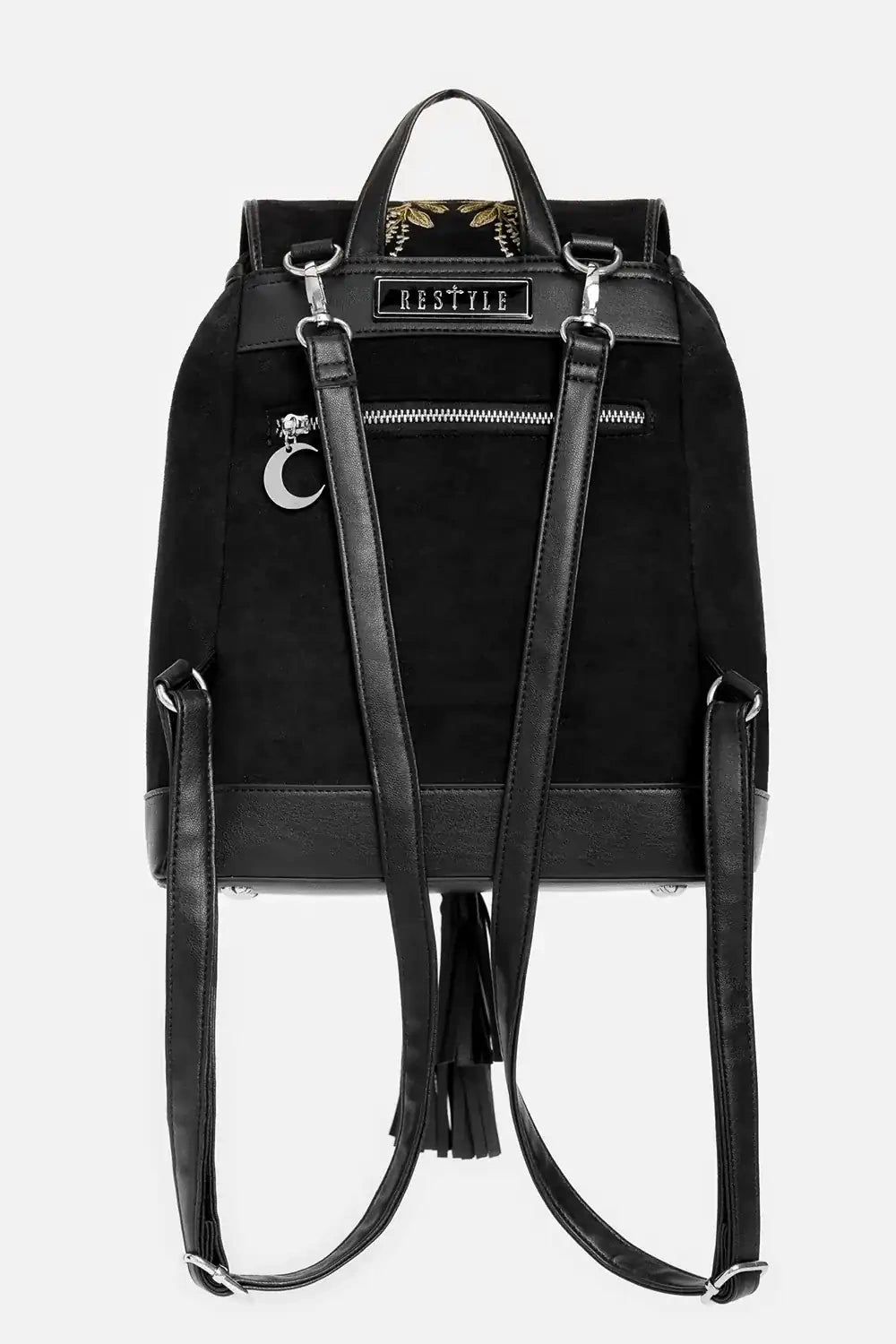 Schwarzer Rucksack HARE MOON BACKPACK mit Hasen und Pilzstickerei von Restyle