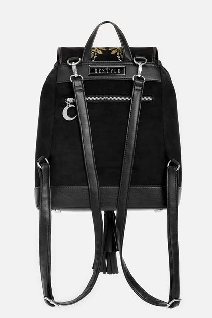 Schwarzer Rucksack HARE MOON BACKPACK mit Hasen und Pilzstickerei von Restyle