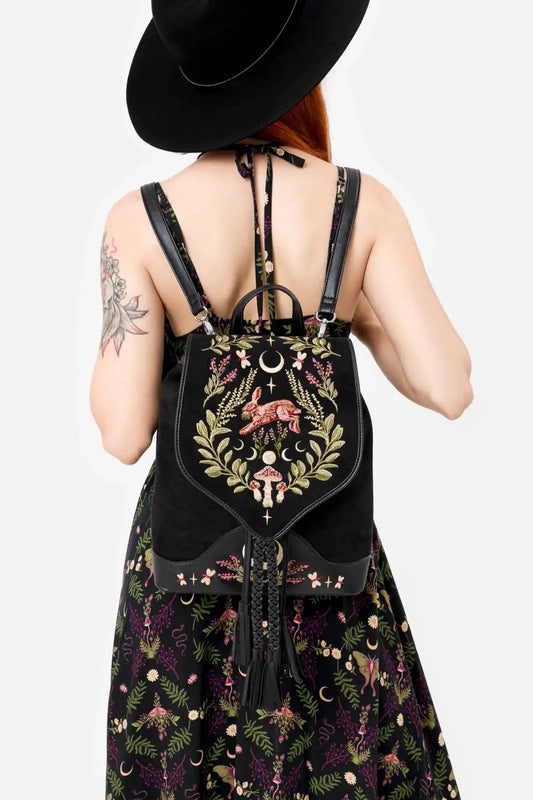 Schwarzer Rucksack HARE MOON BACKPACK mit Hasen und Pilzstickerei von Restyle