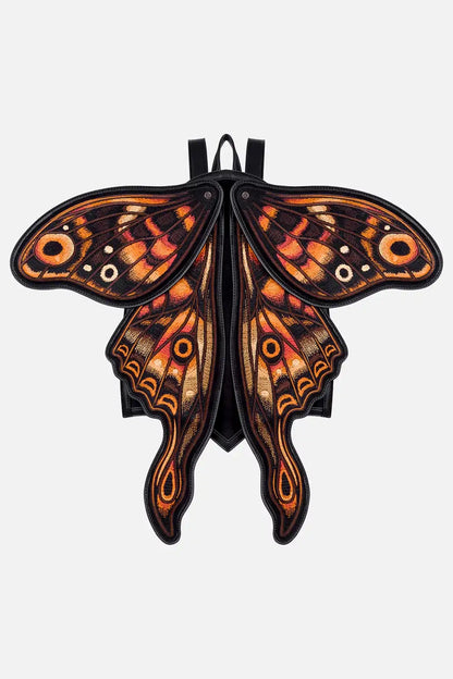 Schwarzer Rucksack IGNIS MOTH BACKPACK mit orangenen Mottenflügeln von Restyle