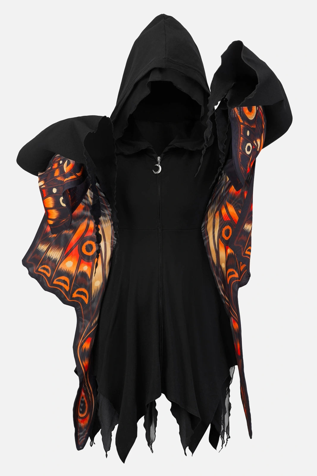 Schwarzer Cardigan IGNIS MOTH HOODIE mit Mottenflügeln, weiten Ärmeln und großer Kapuze von Restyle