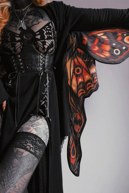 Schwarzer Cardigan IGNIS MOTH HOODIE mit Mottenflügeln, weiten Ärmeln und großer Kapuze von Restyle