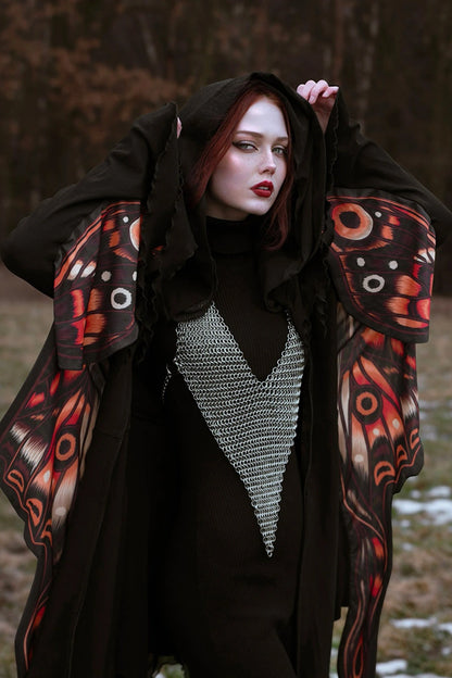 Schwarzer Cardigan IGNIS MOTH HOODIE mit Mottenflügeln, weiten Ärmeln und großer Kapuze von Restyle