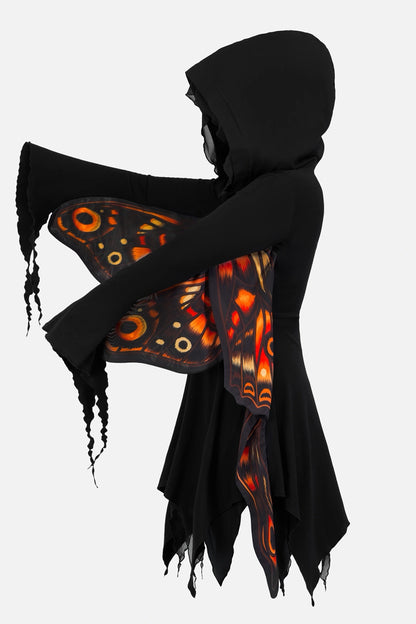 Schwarzer Cardigan IGNIS MOTH HOODIE mit Mottenflügeln, weiten Ärmeln und großer Kapuze von Restyle
