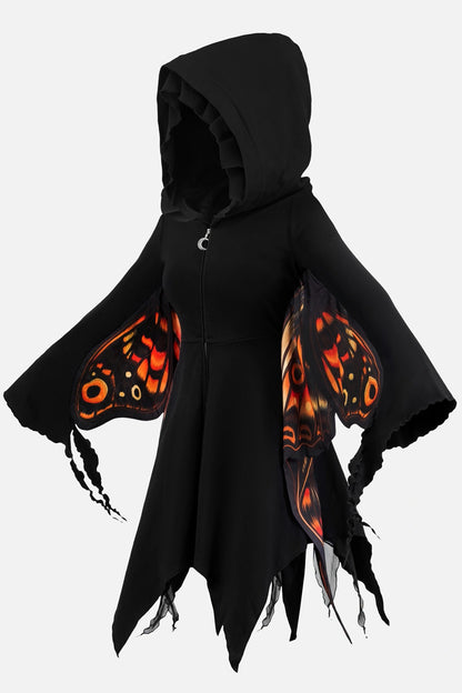 Schwarzer Cardigan IGNIS MOTH HOODIE mit Mottenflügeln, weiten Ärmeln und großer Kapuze von Restyle