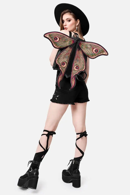 Schwarzer Rucksack METAMORPHOSIS BACKPACK mit grünen Mottenflügeln von Restyle